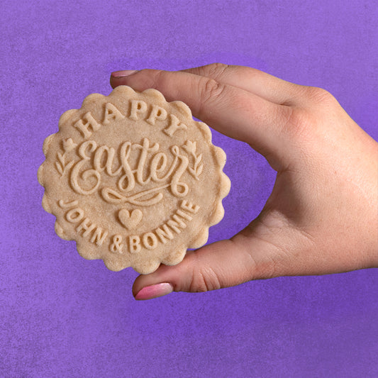 Custom embossed sugar cookie that says Happy Easter